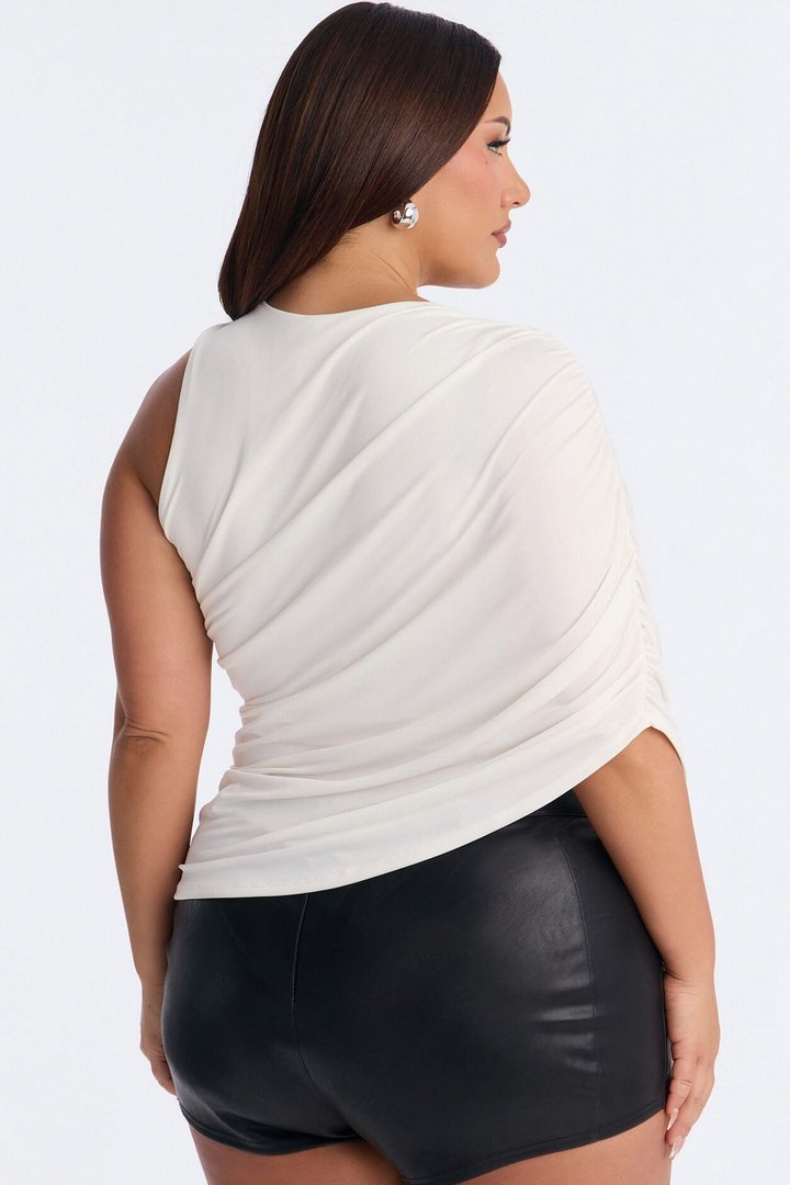Laura Ruched Asymmetrical Short Sleeve Top - White