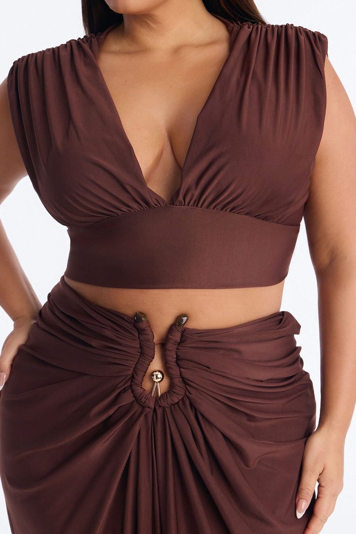 Divinely Draped Double Lined Skirt Set - Chocolate