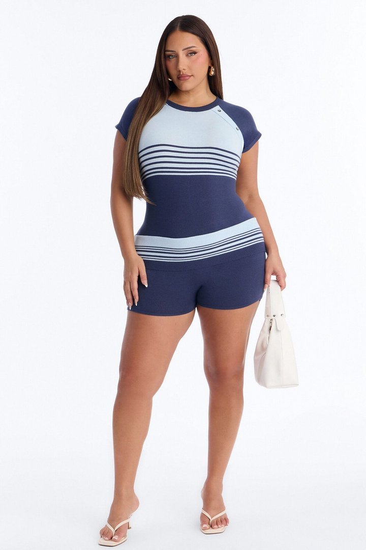 Elle Short Sleeve Striped Romper - Blue