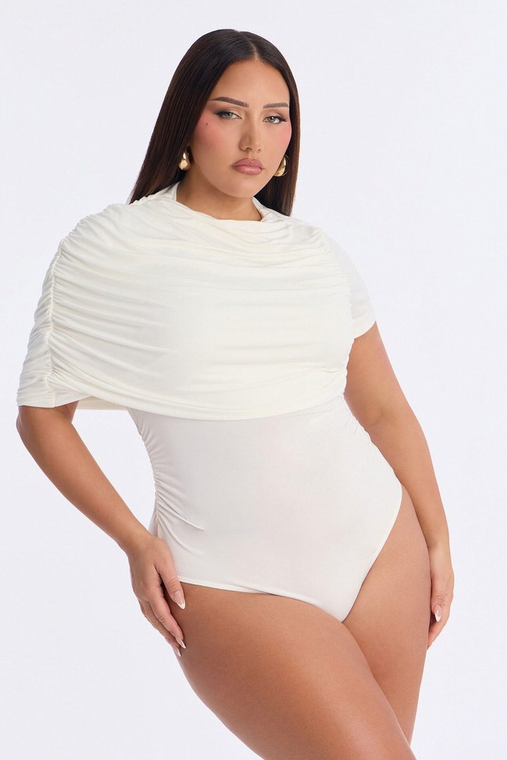 Paige Ruched Mock Neck Short Sleeve Bodysuit - White