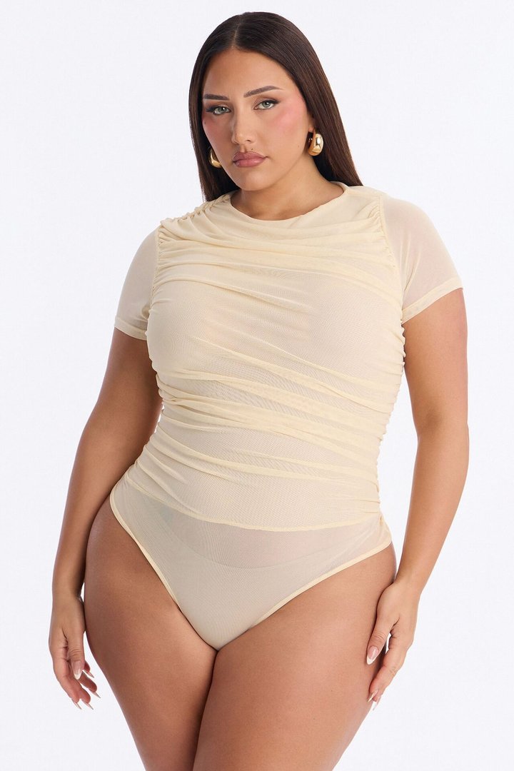 Emma Ruched Mesh Short Sleeve Bodysuit - Butter Yellow