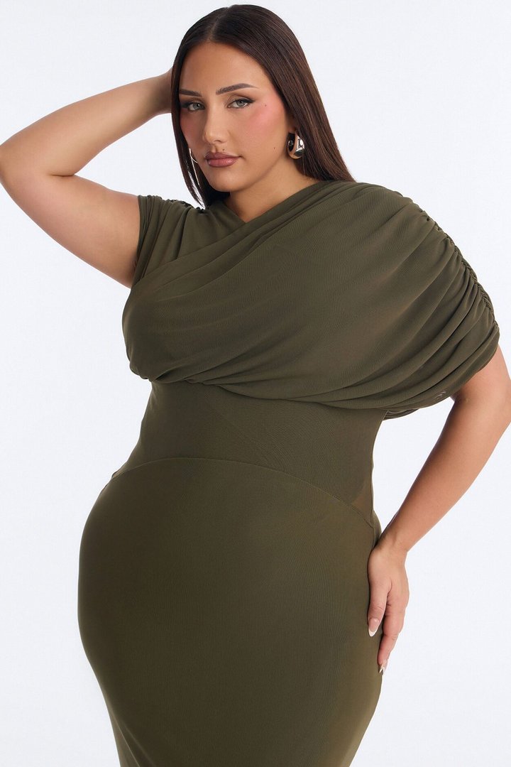 Naileah Draped Mesh Maxi Dress - Olive