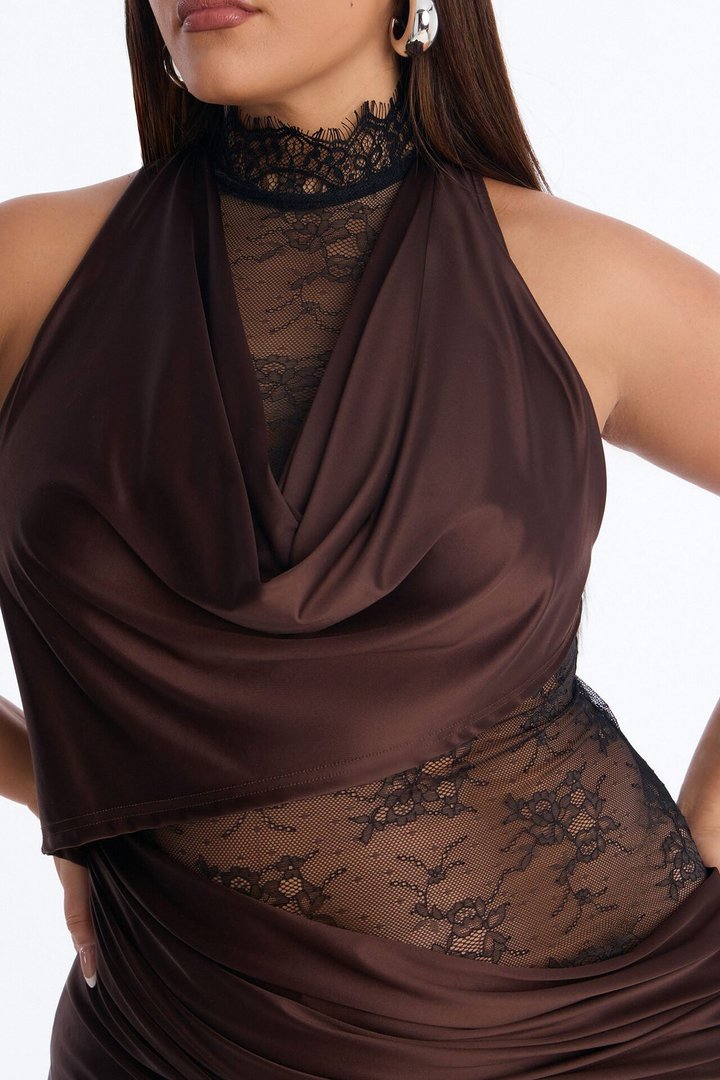 A Night Off Satin Lace Gown - Chocolate