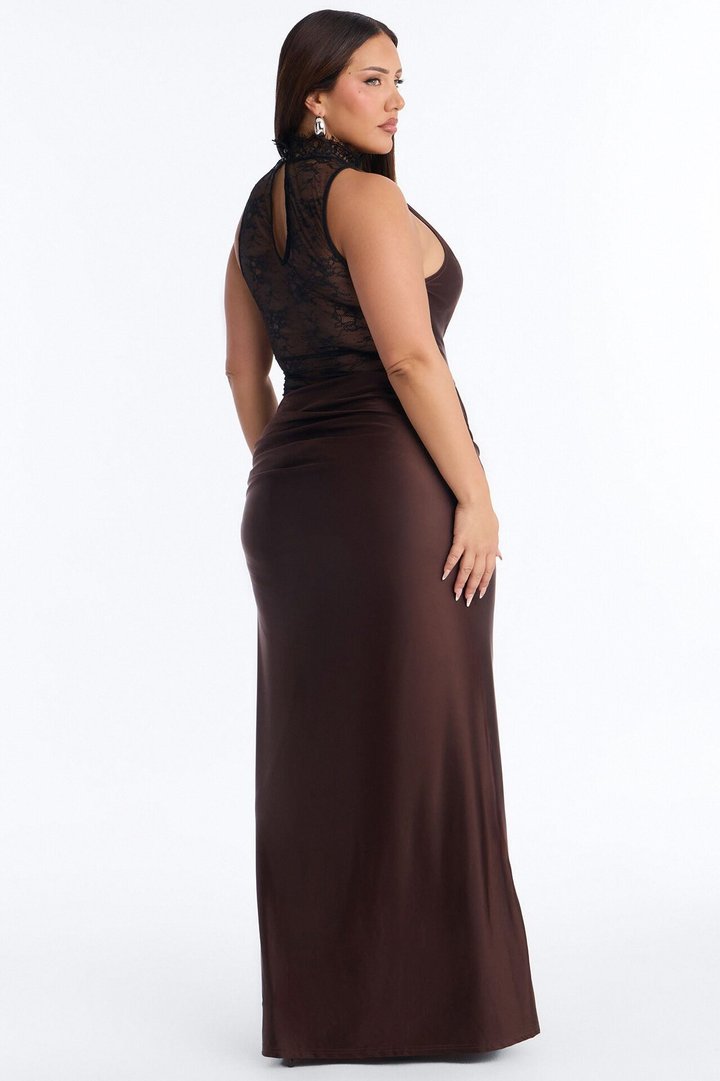 A Night Off Satin Lace Gown - Chocolate