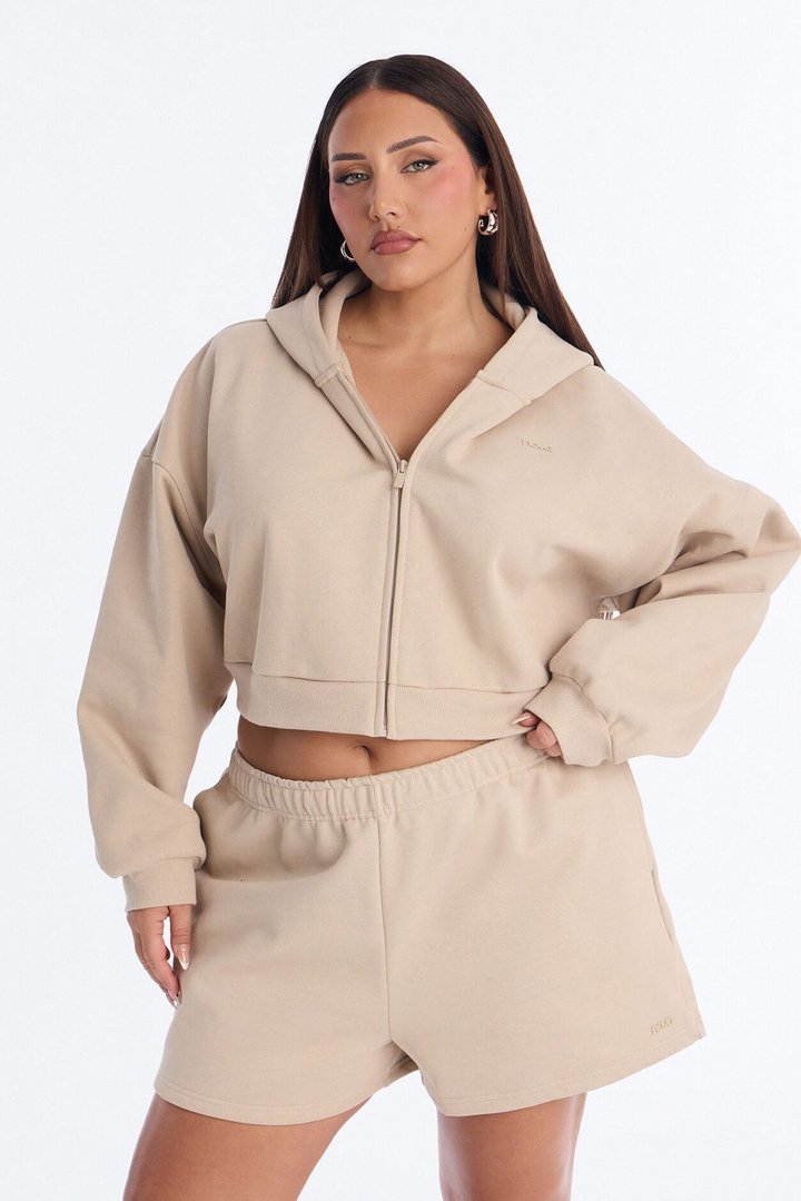 Libby Boxy Crop Zip Hoodie Fleece Sweatshirt - Taupe
