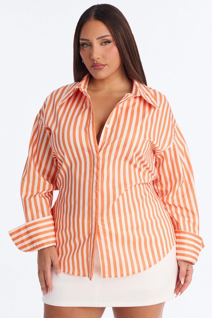 Elevated Fun Tie Back Striped Poplin Shirt - Orange/combo