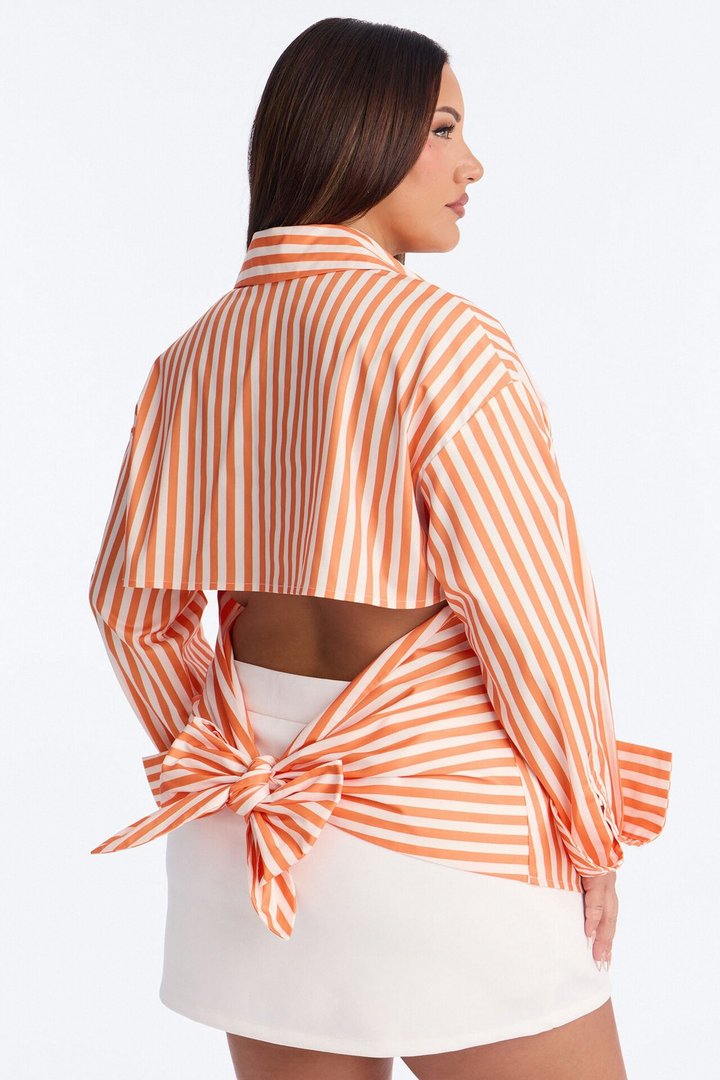 Elevated Fun Tie Back Striped Poplin Shirt - Orange/combo