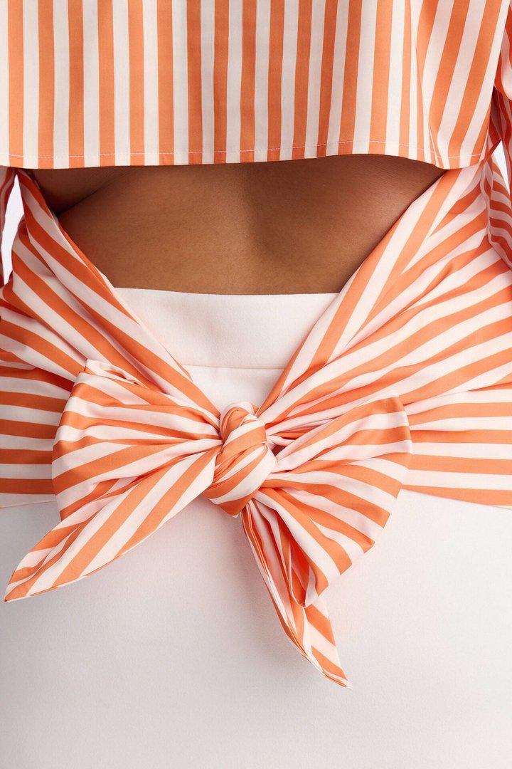 Elevated Fun Tie Back Striped Poplin Shirt - Orange/combo