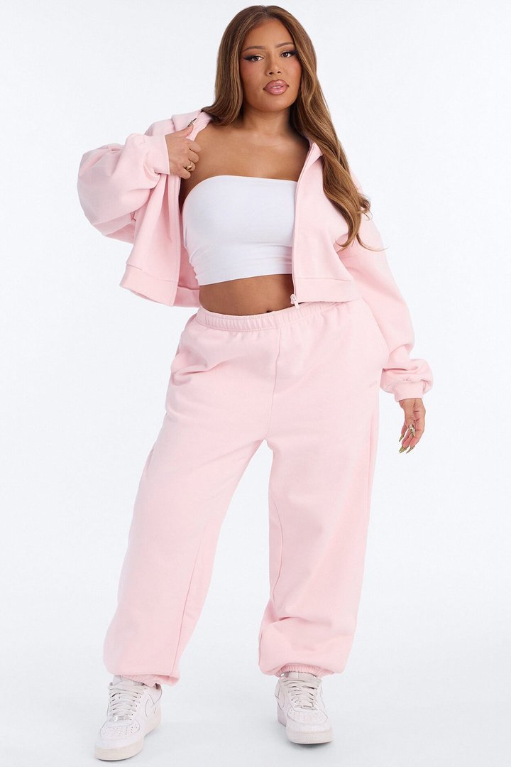 Libby Boxy Crop Zip Hoodie Fleece Sweatshirt - Pink