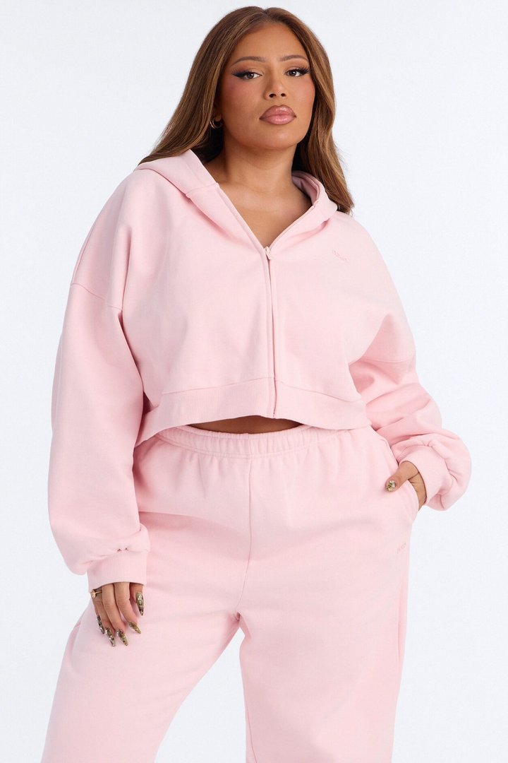 Libby Boxy Crop Zip Hoodie Fleece Sweatshirt - Pink