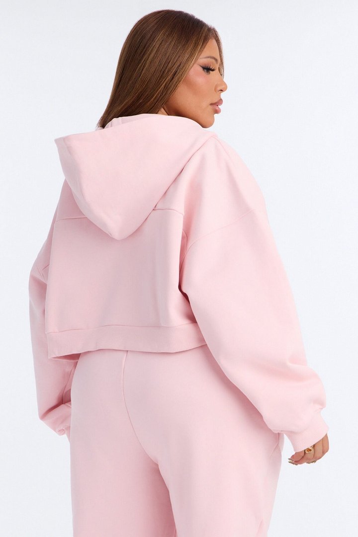 Libby Boxy Crop Zip Hoodie Fleece Sweatshirt - Pink