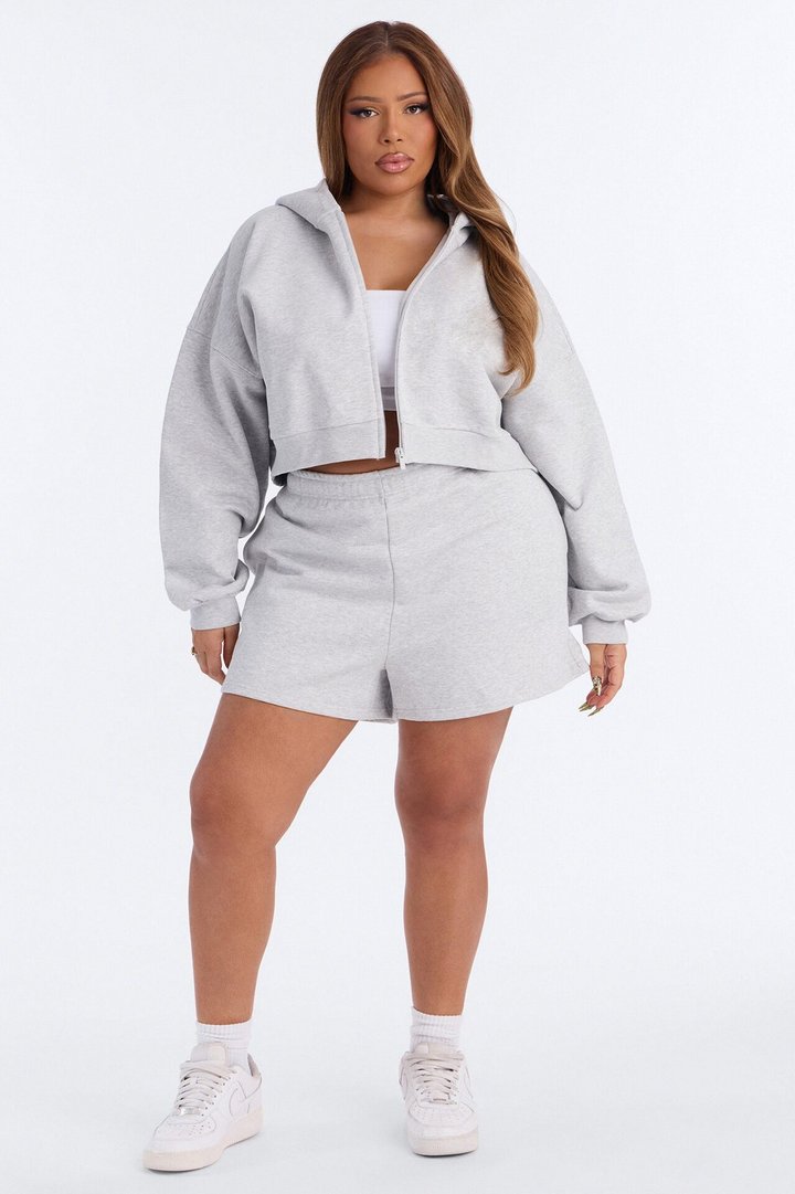 Libby Boxy Crop Zip Hoodie Fleece Sweatshirt - Heather Grey