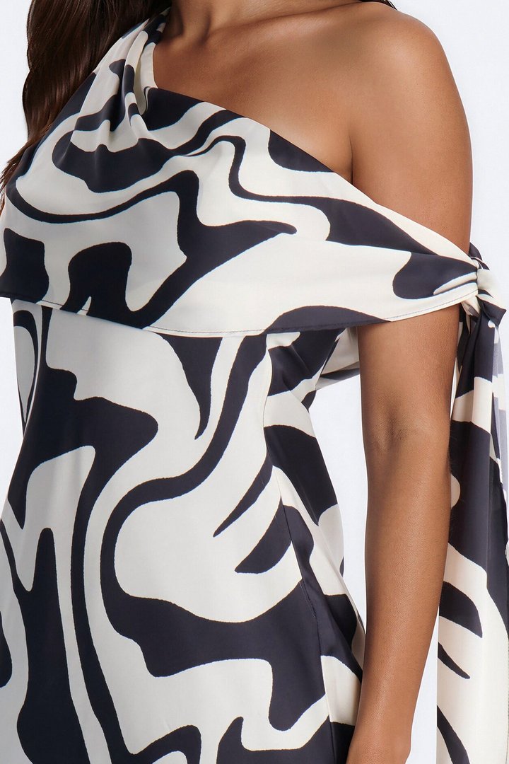 Berlin Printed Satin Off Shoulder Maxi Dress - White/Black