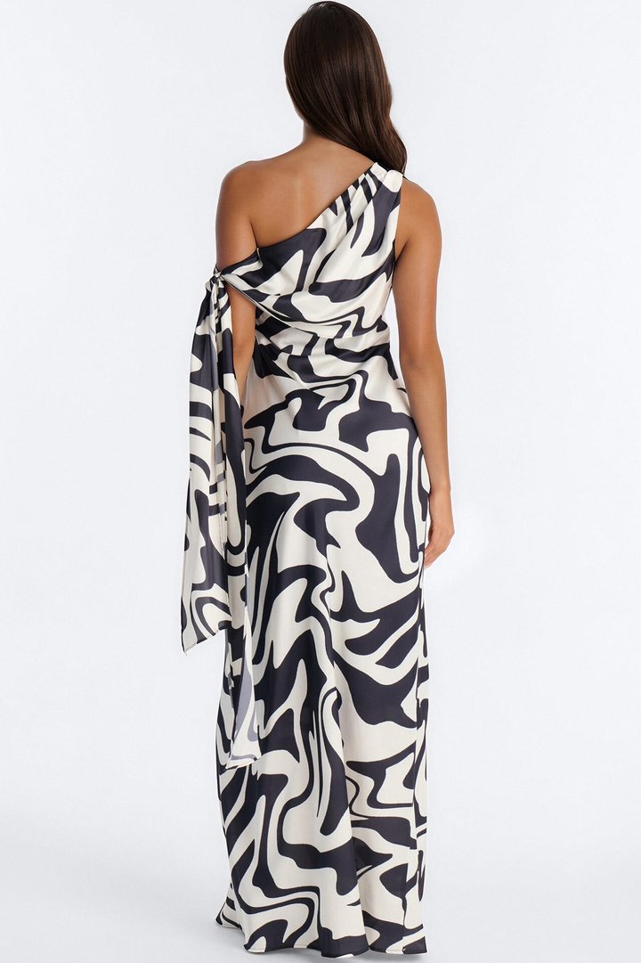 Berlin Printed Satin Off Shoulder Maxi Dress - White/Black