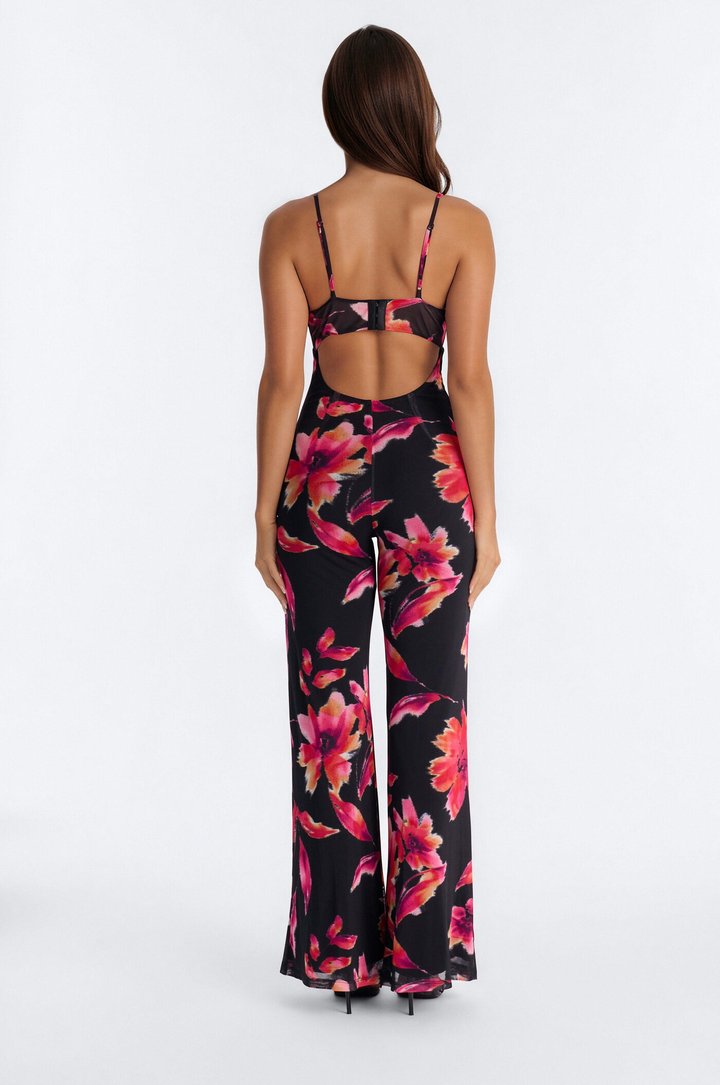 Dark Bloom Lace Floral Mesh Jumpsuit - Black/combo