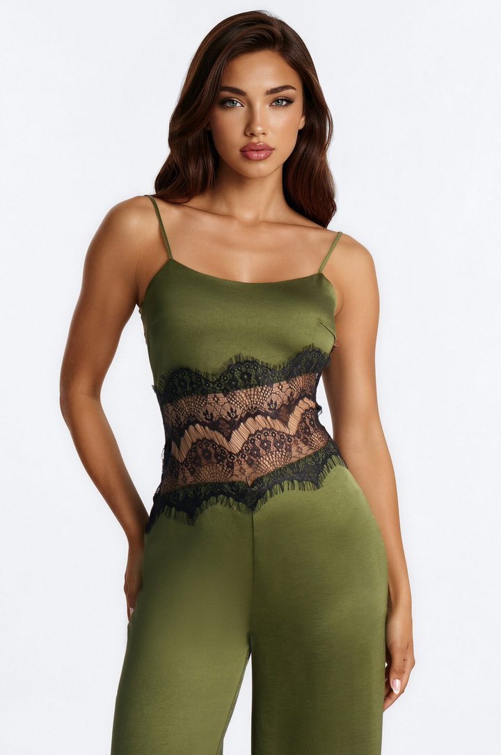 Francesca Lace Trim Wide Leg Jumpsuit - Olive