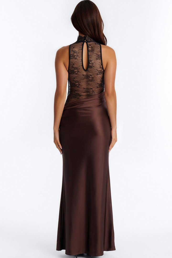 A Night Off Satin Lace Gown - Chocolate