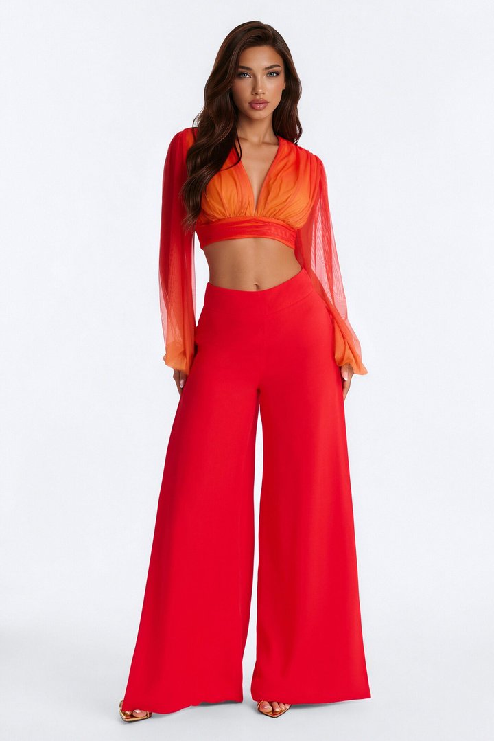 Mina High Rise Split Side Wide Leg Pant - Tomato Red
