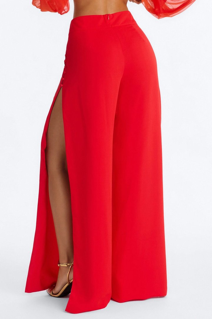 Mina High Rise Split Side Wide Leg Pant - Tomato Red