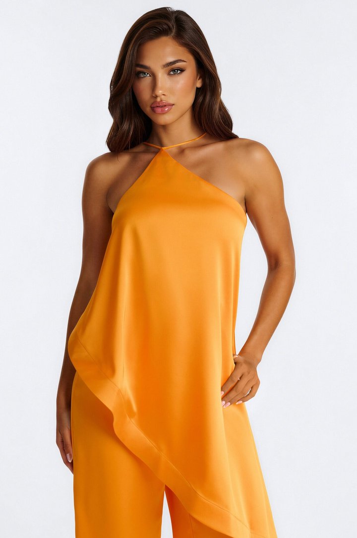 Veena Satin Asymmetrical Jumpsuit - Orange