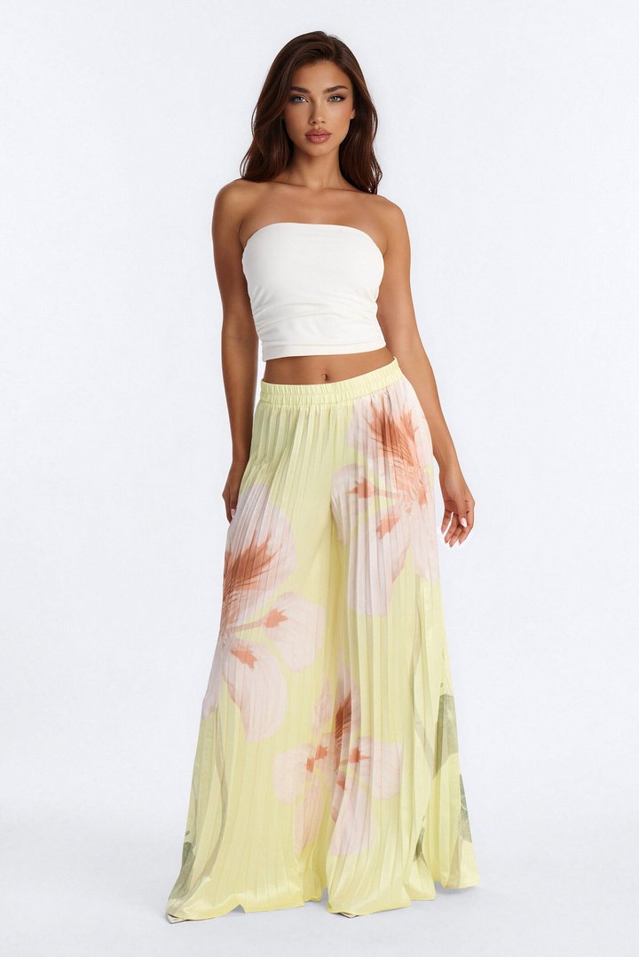 Penelope Plisse Satin Wide Leg Pant - Yellow/combo
