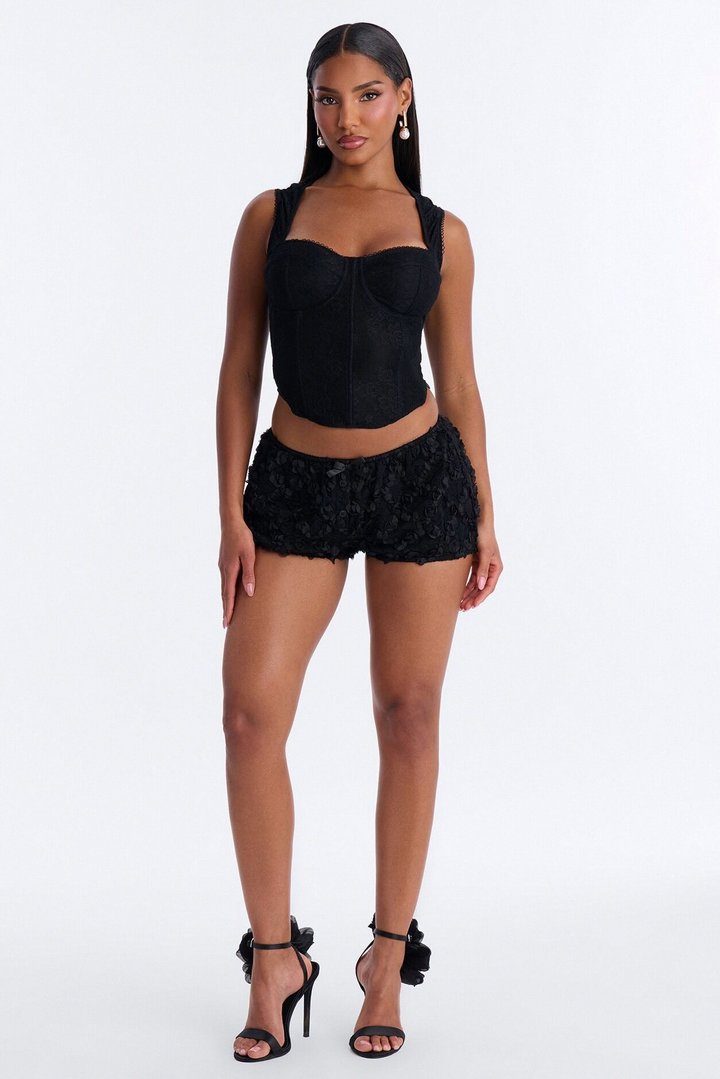Camille Low Rise Rosette Bubble Hem Micro Short - Black