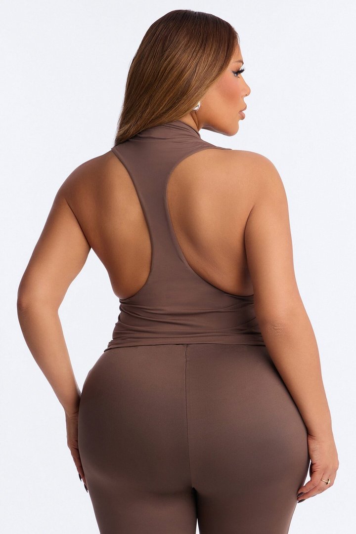 Second Skin Double Lined Mock Neck Racerback Top - Brown