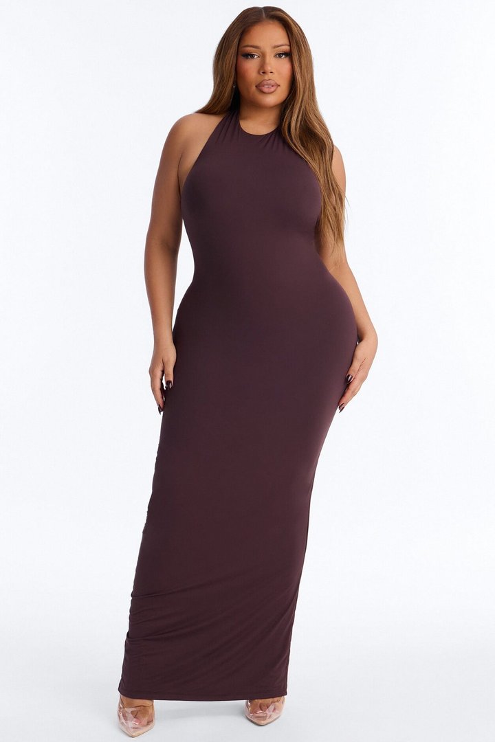 Second Skin Bra Pad Sleeveless Halter Maxi Dress - Chocolate