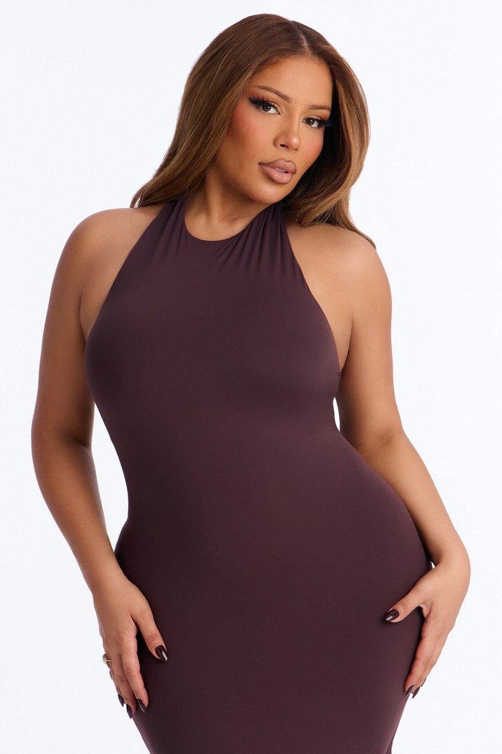 Second Skin Bra Pad Sleeveless Halter Maxi Dress - Chocolate