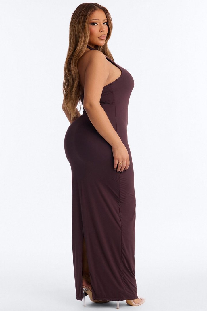 Second Skin Bra Pad Sleeveless Halter Maxi Dress - Chocolate