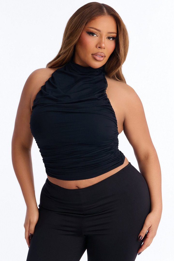 Second Skin Double Lined Ruched Mock Neck Halter Top - Black