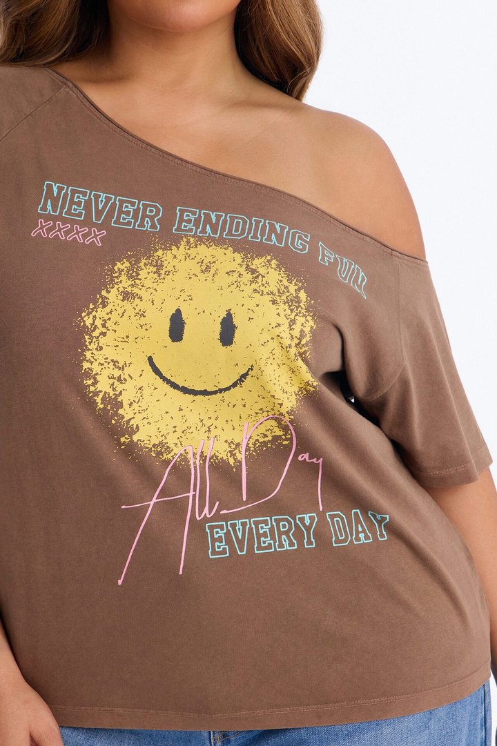 Smiley Face Off Shoulder Tee - Brown