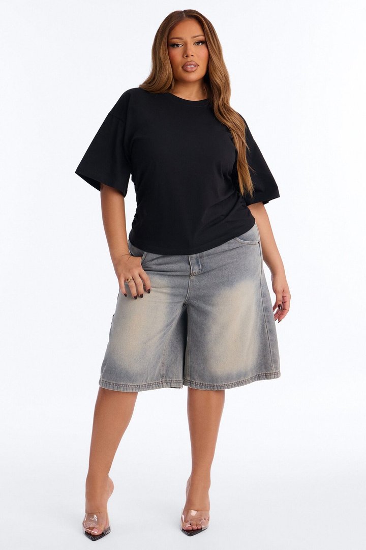 Nora Crew Neck Ruched Short Sleeve T-Shirt - Black