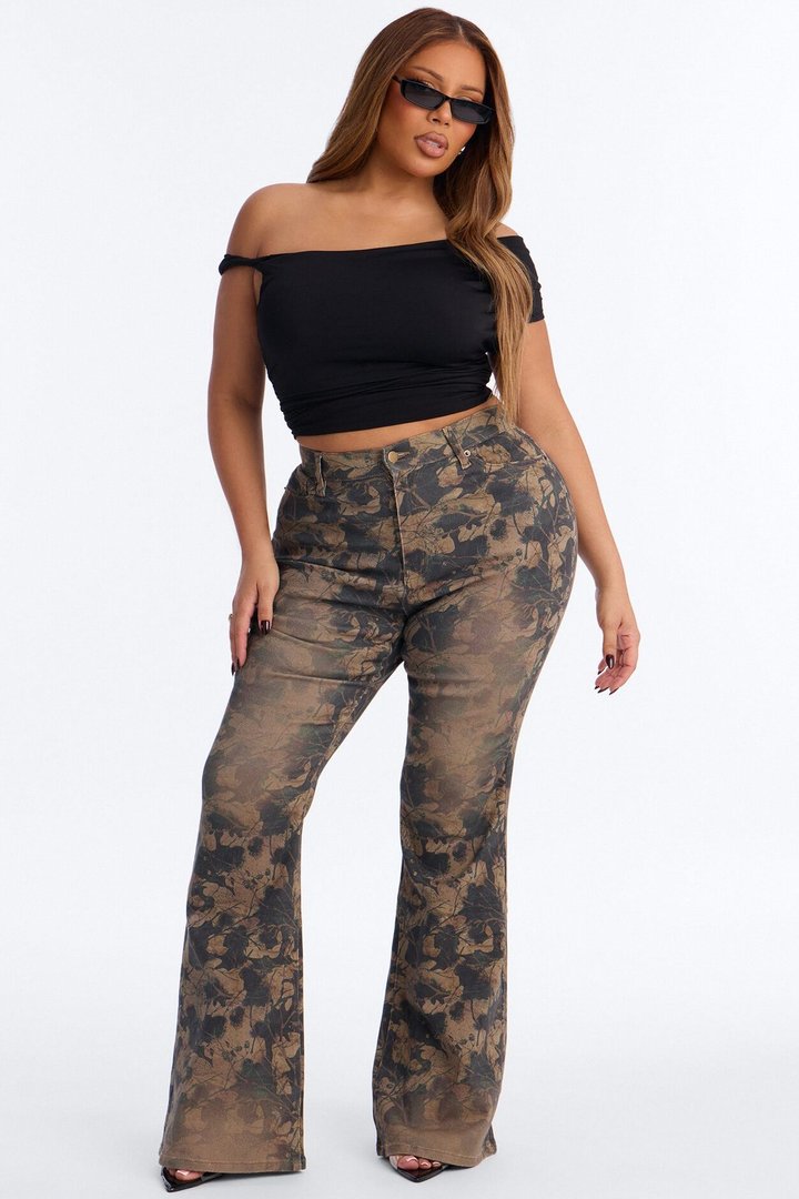 Positive Negative Stretch Printed Flare Jeans - Camouflage