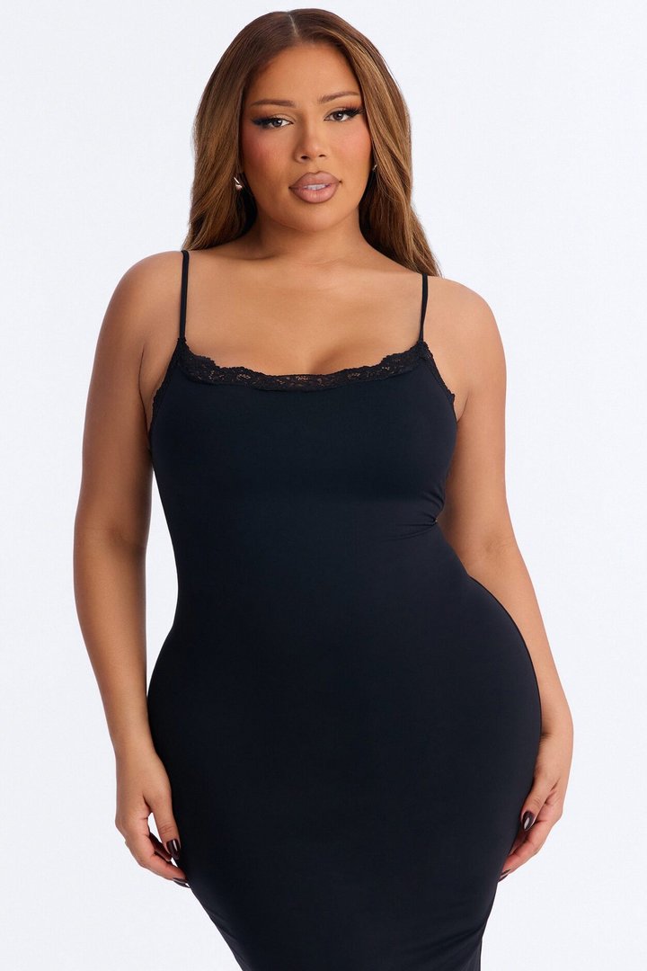 Second Skin Double Lined Lace Trim Cami Maxi Dress - Black