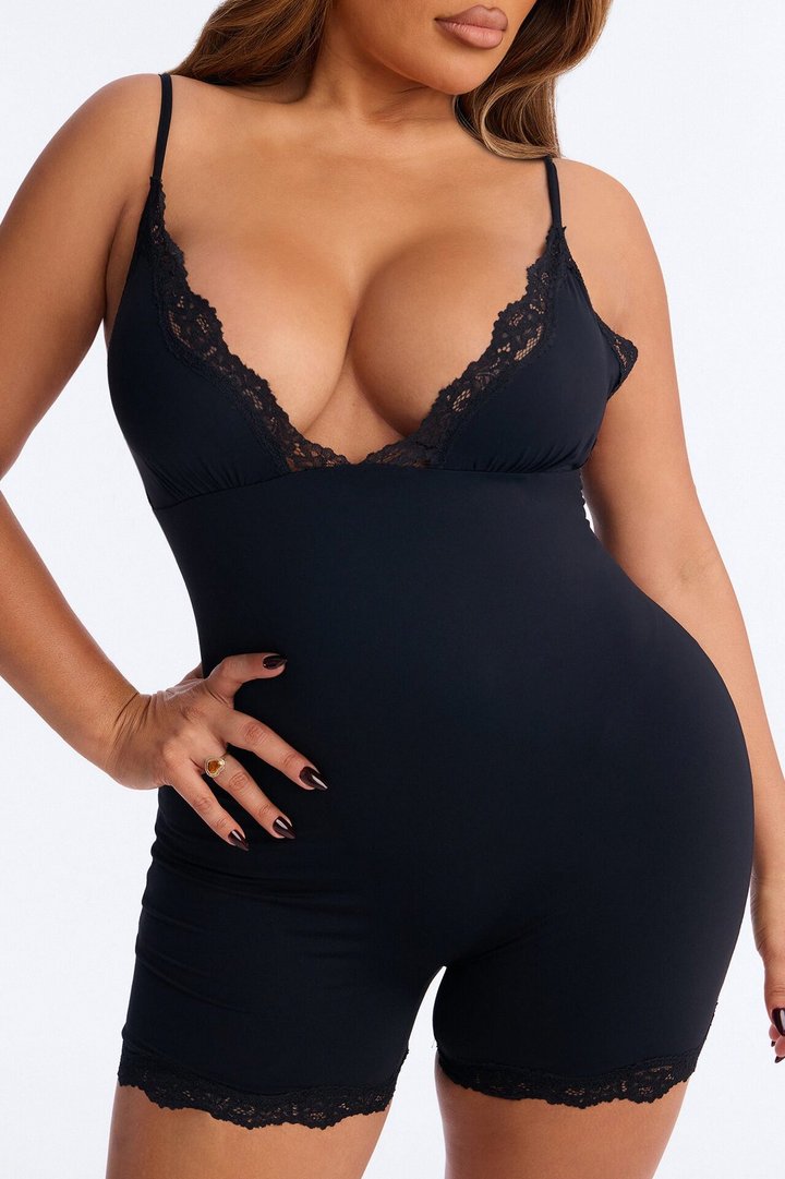 Second Skin Double Lined Lace Trim Tank Romper - Black