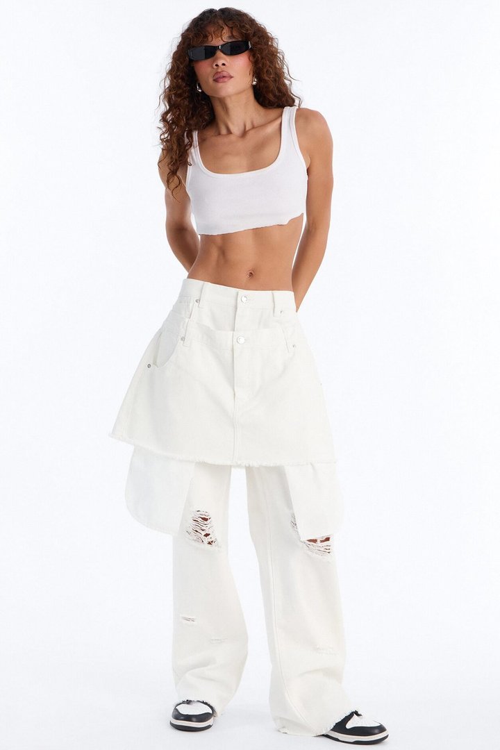 Afterparty Ripped Skirt Overlay Straight Leg Jeans - White