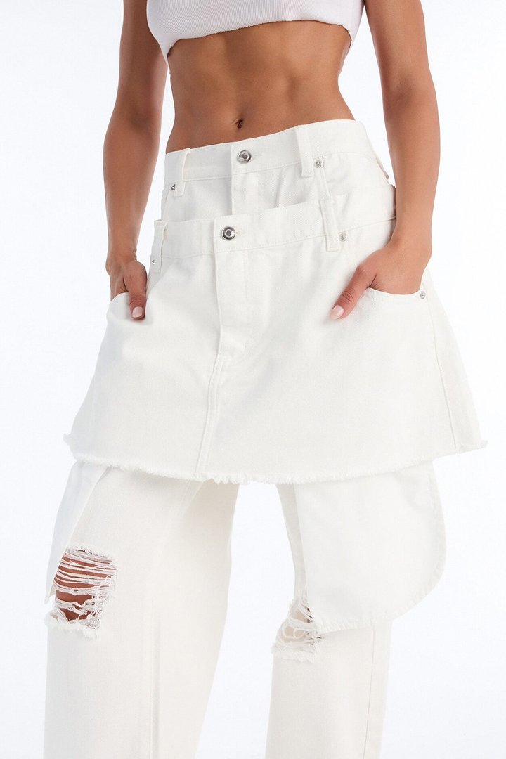 Afterparty Ripped Skirt Overlay Straight Leg Jeans - White