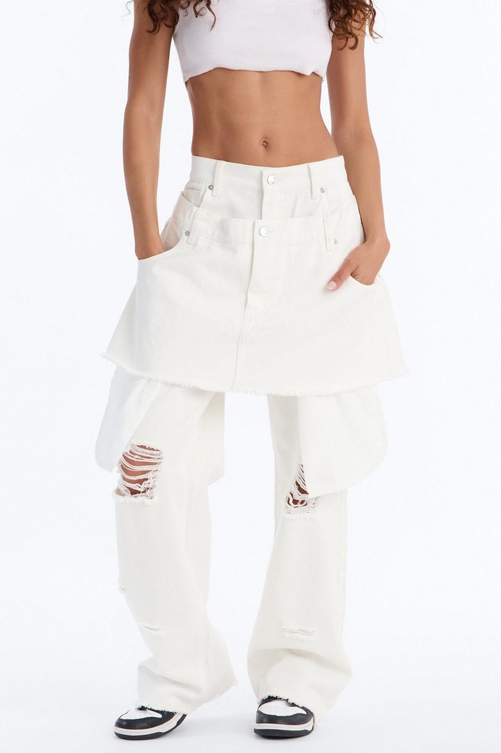 Afterparty Ripped Skirt Overlay Straight Leg Jeans - White