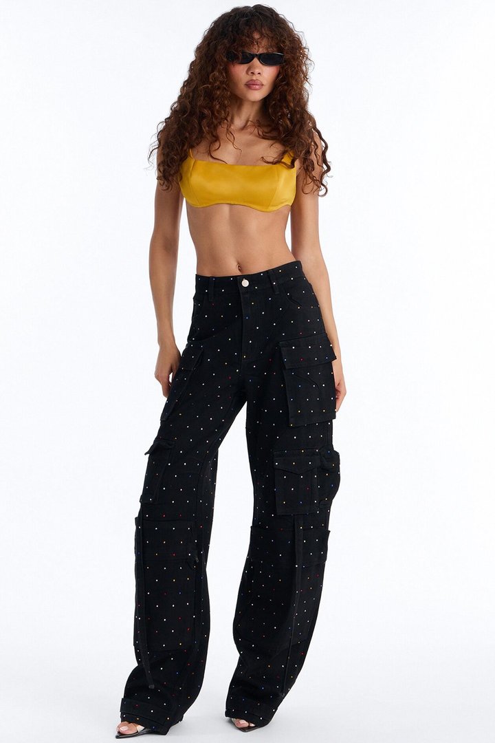Midnight Sparkles Embellished Cargo Straight Leg Jeans - Black Wash
