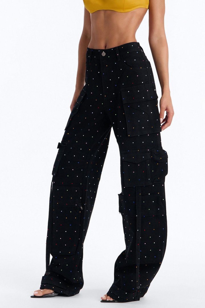 Midnight Sparkles Embellished Cargo Straight Leg Jeans - Black Wash