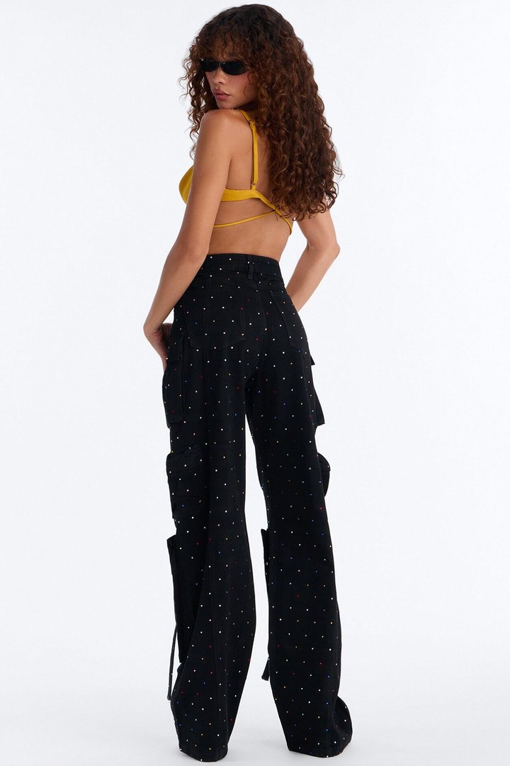 Midnight Sparkles Embellished Cargo Straight Leg Jeans - Black Wash