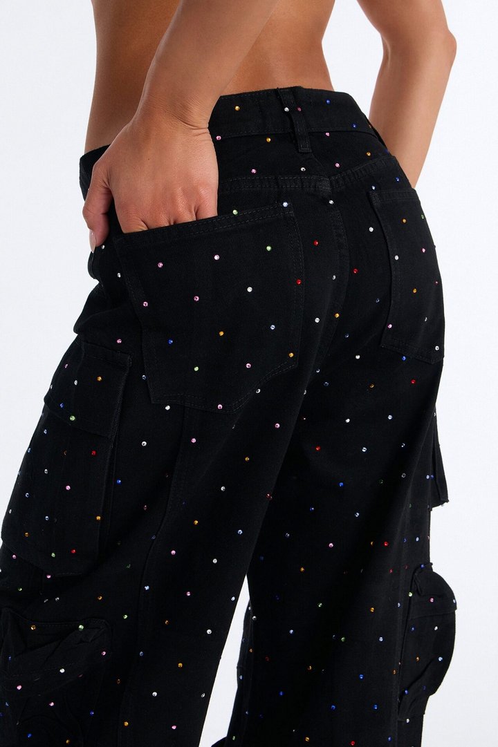 Midnight Sparkles Embellished Cargo Straight Leg Jeans - Black Wash