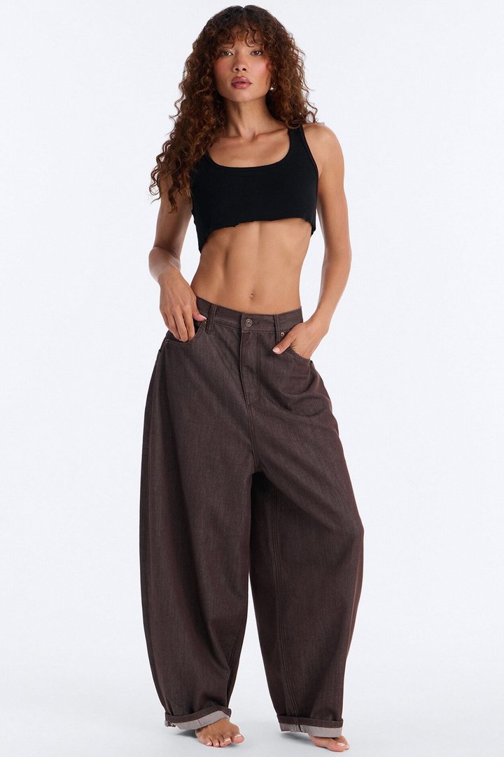 Off The Grid Cuffed Barrel Leg Jeans - Brown