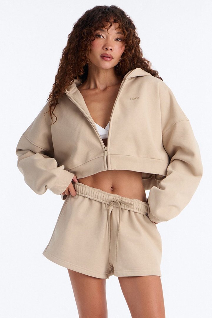 Libby Boxy Crop Zip Hoodie Fleece Sweatshirt - Taupe