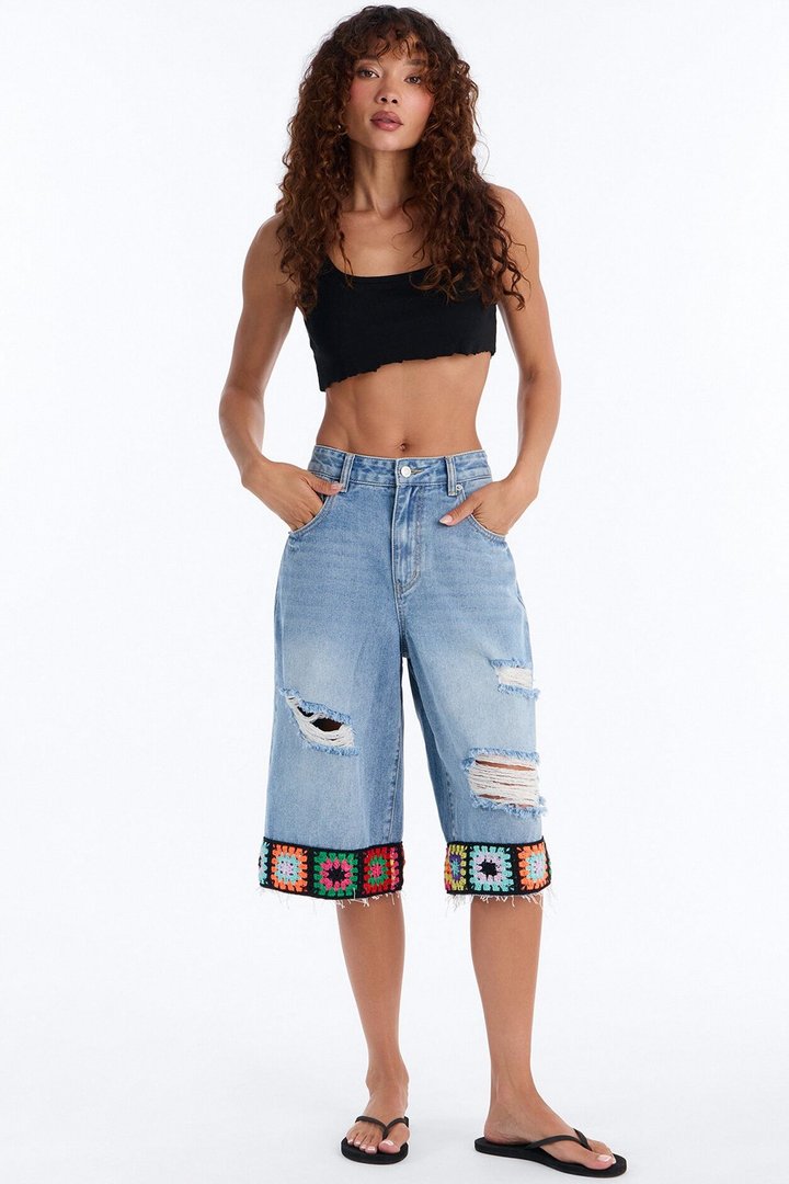 Granny Squares Crotchet Trim Ripped Denim Culottes - Medium Wash