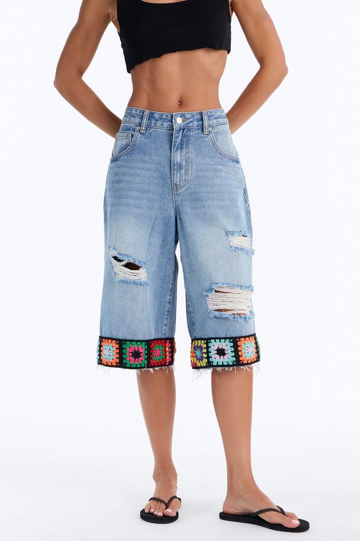 Granny Squares Crotchet Trim Ripped Denim Culottes - Medium Wash