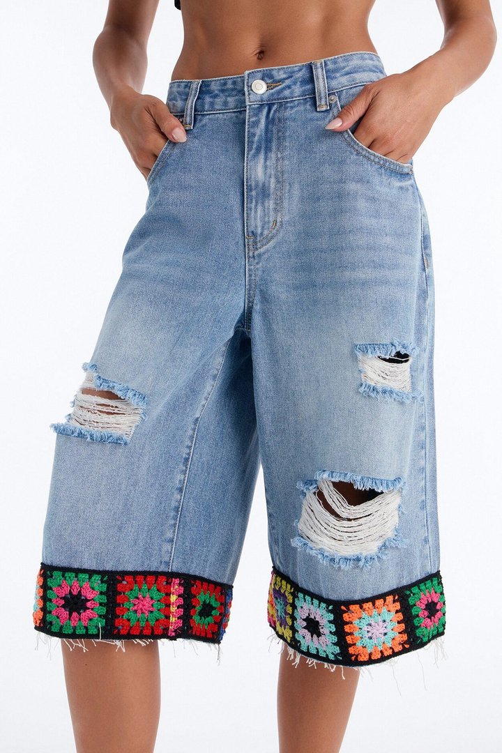 Granny Squares Crotchet Trim Ripped Denim Culottes - Medium Wash