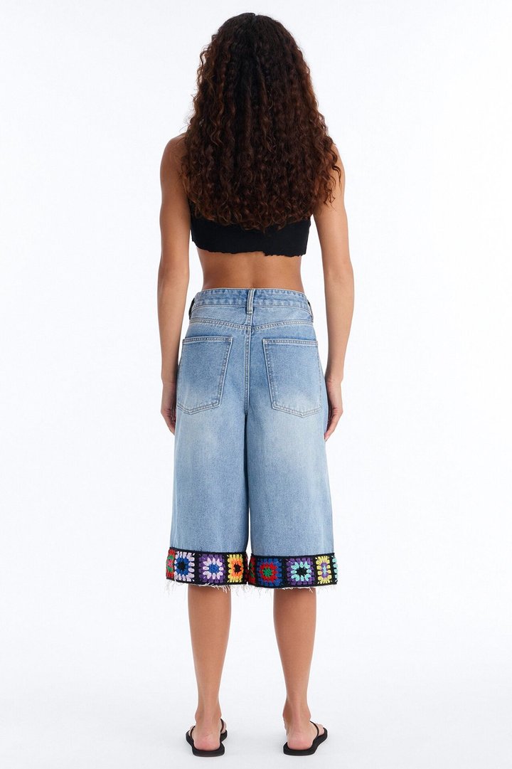 Granny Squares Crotchet Trim Ripped Denim Culottes - Medium Wash