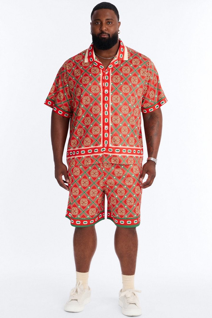 Royal Geometric Cuban Collar Button Up Shirt - Red/combo